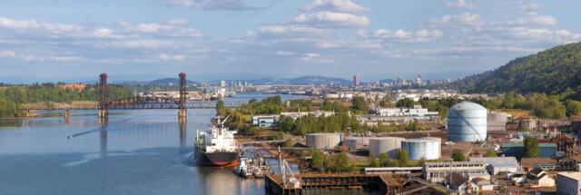 Portland Oregon Shipbuilding and Repair Shipyard Along Willamette River by St Johns Area with City and Swan Island View